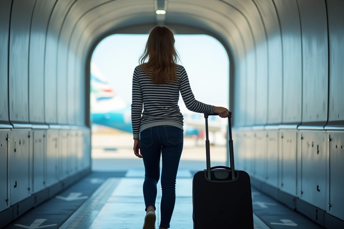 Adolescente de 15 ans marchant seule dans une passerelle d'embarquement vers un avion avec une valise