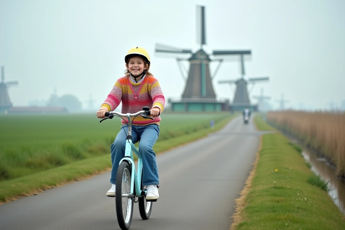 Adolescente à vélo sans casque sur un chemin cyclable dans la campagne néerlandaise près de Haarlem