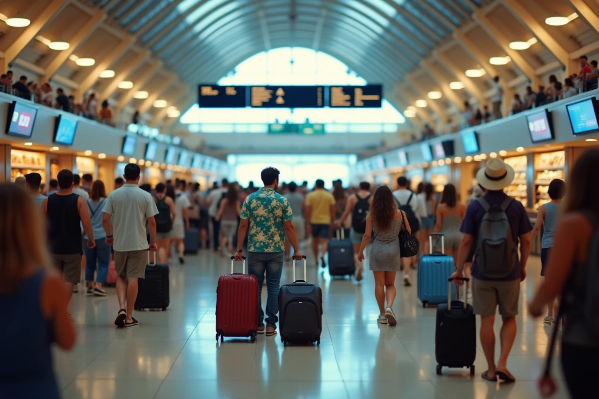 Aéroport de Maui bondé de voyageurs avec bagages pendant le mois le plus cher à Hawaï