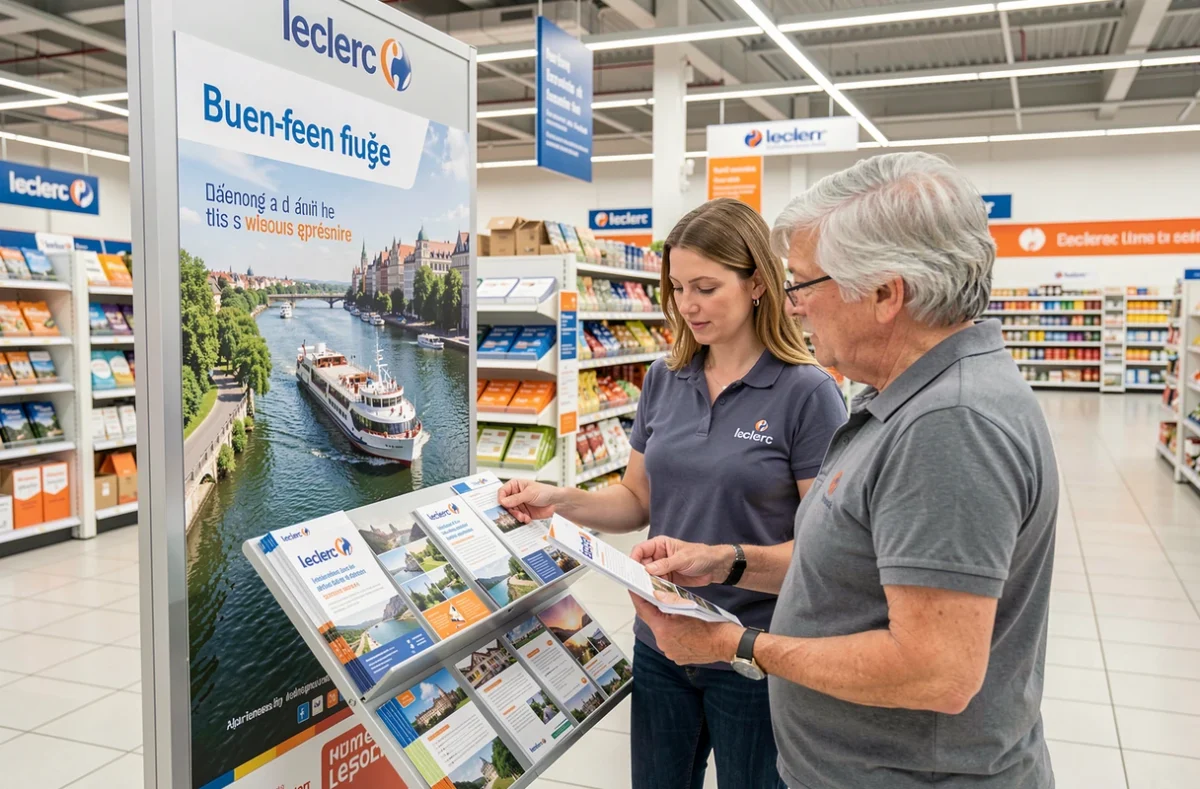 Conseillère en voyages présentant des brochures de croisières fluviales Leclerc Voyages à des clients en magasin
