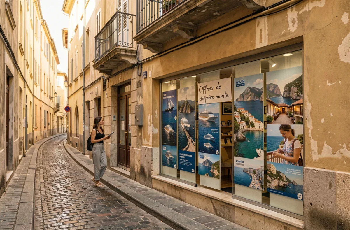Vitrine d'une agence de voyage à Marseille affichant des offres de croisières de dernière minute