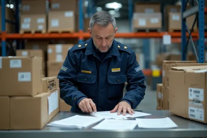 Agent des douanes inspectant des documents de déclaration de marchandises dans un entrepôt douanier