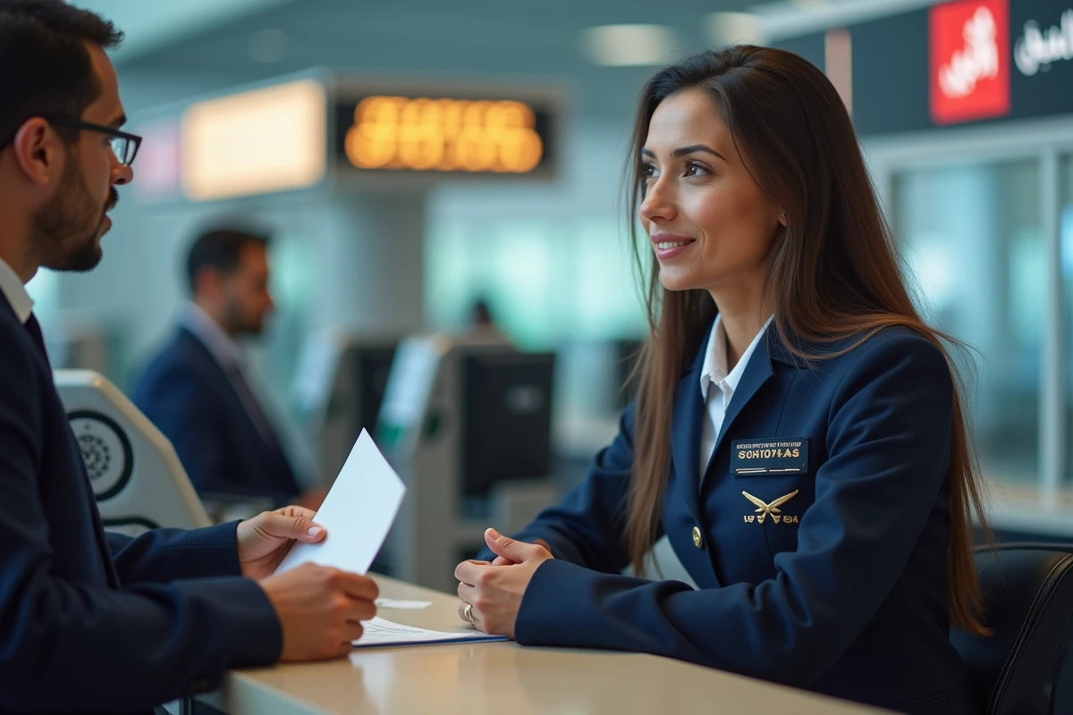 Agent d'accueil compagnie aérienne informant des voyageurs sur leurs droits au comptoir de l'aéroport de Casablanca
