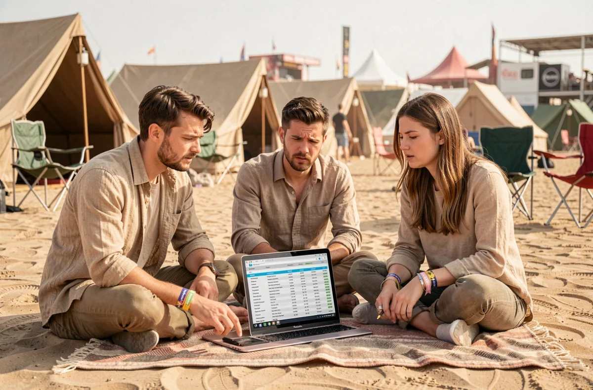 Groupe d'amis en camping au festival Coachella calculant leur budget sur un ordinateur portable avec des bracelets de festival aux poignets