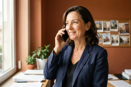Femme européenne passant un appel international vers l'Italie depuis son bureau à domicile avec un smartphone moderne