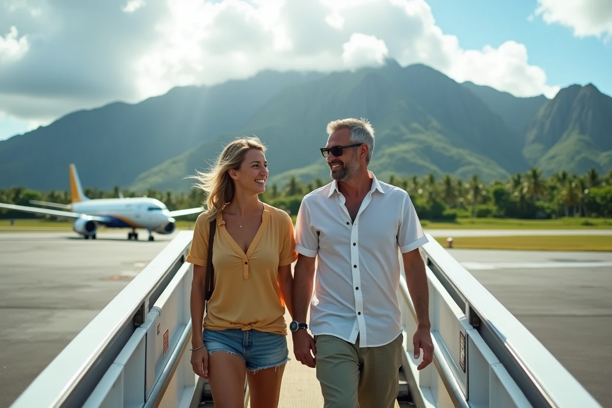 Couple de voyageurs arrivant à l'aéroport international de Tahiti avec les montagnes volcaniques en arrière-plan