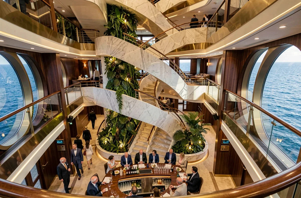 Atrium monumental d'un paquebot de croisière ultra-luxe avec escaliers en marbre et bar à champagne