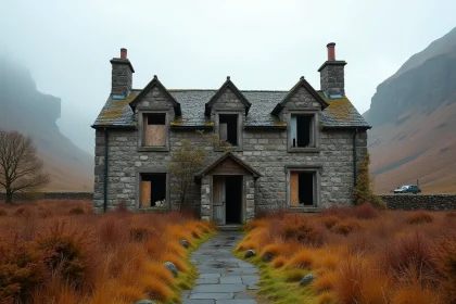 Ancienne auberge de jeunesse de Patterdale abandonnée dans la vallée du Lake District anglais, façade en pierre envahie de mousse