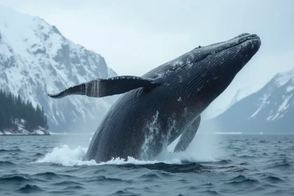 Baleine à bosse sautant hors de l'eau dans un fjord norvégien avec des montagnes enneigées en arrière-plan