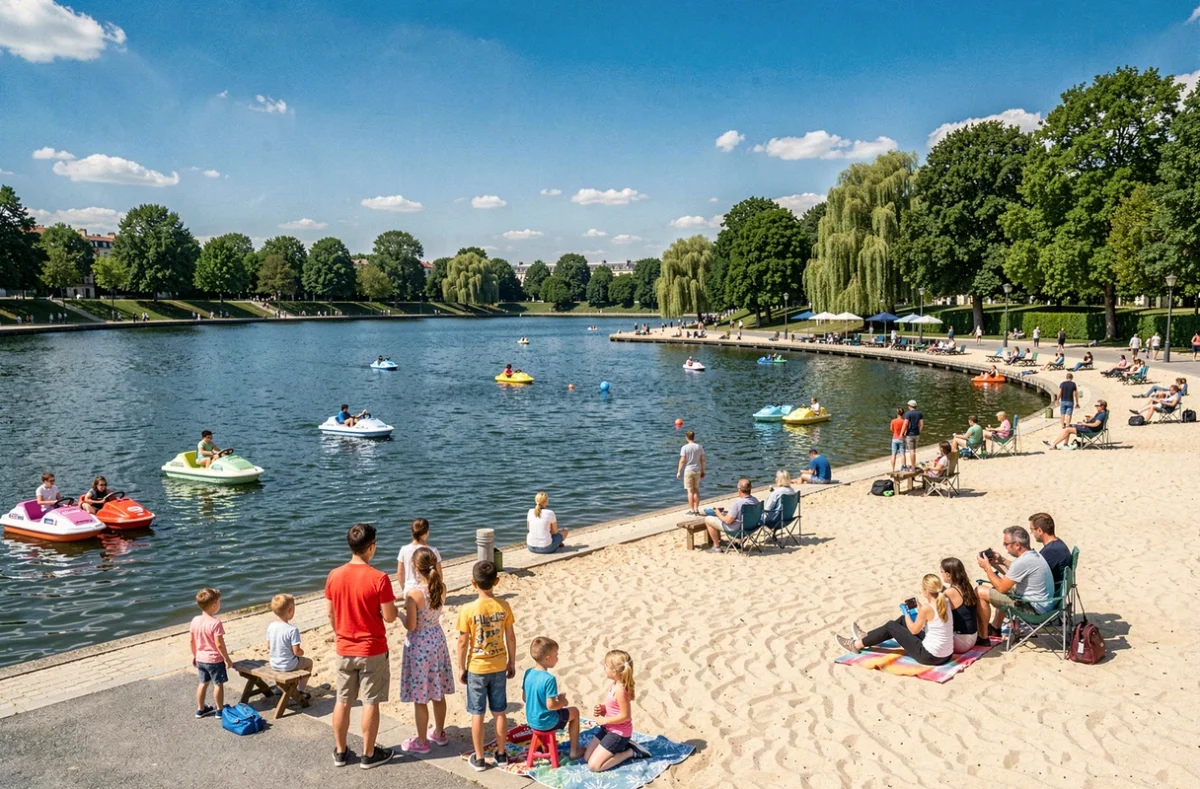 Familles profitant d'une journée ensoleillée au bord du lac de la Base de loisirs de Créteil