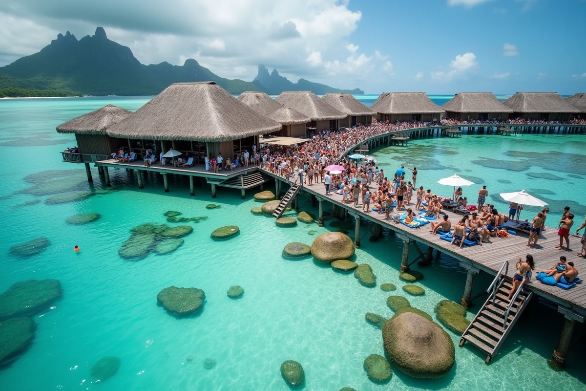 Surpopulation touristique sur le ponton d'un resort de Bora Bora en haute saison, visiteurs nombreux autour des bungalows sur pilotis