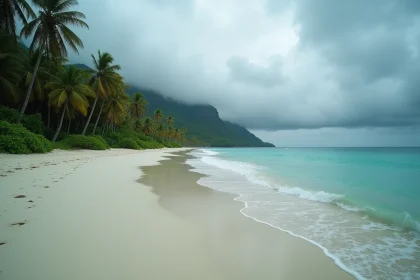 Plage de Bora Bora sous un ciel nuageux et menaçant pendant la saison des pluies, mer agitée et cocotiers courbés par le vent