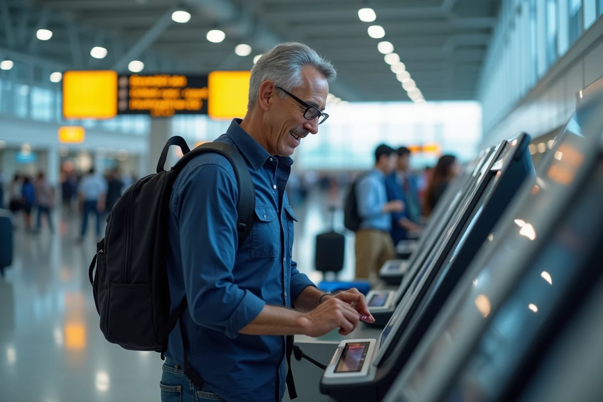 Homme utilisant une borne d'enregistrement automatique avec sa carte d'identité dans un hall de départ aéroportuaire