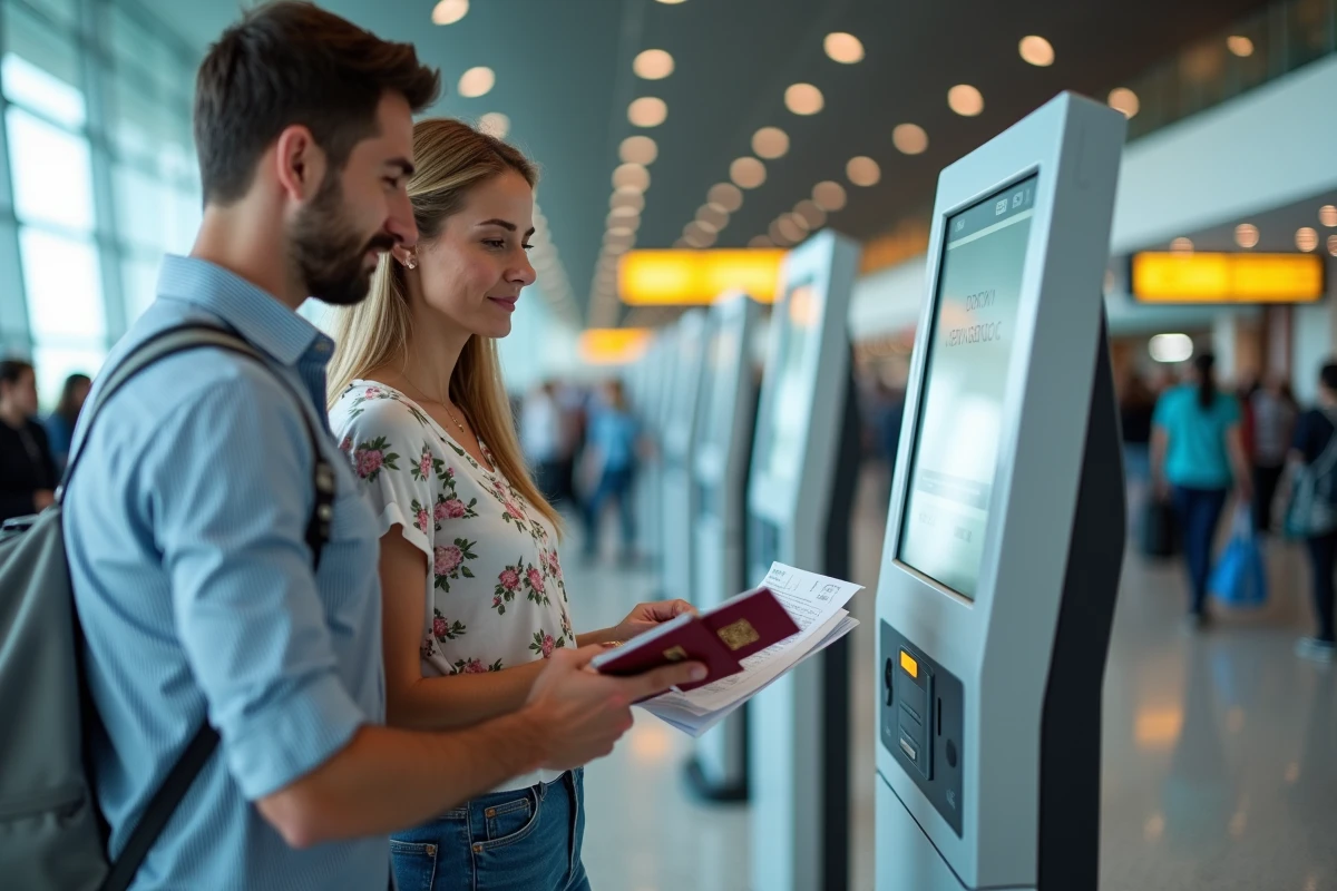 Un couple utilisant une borne d'enregistrement automatique dans un aéroport pour un vol TUI