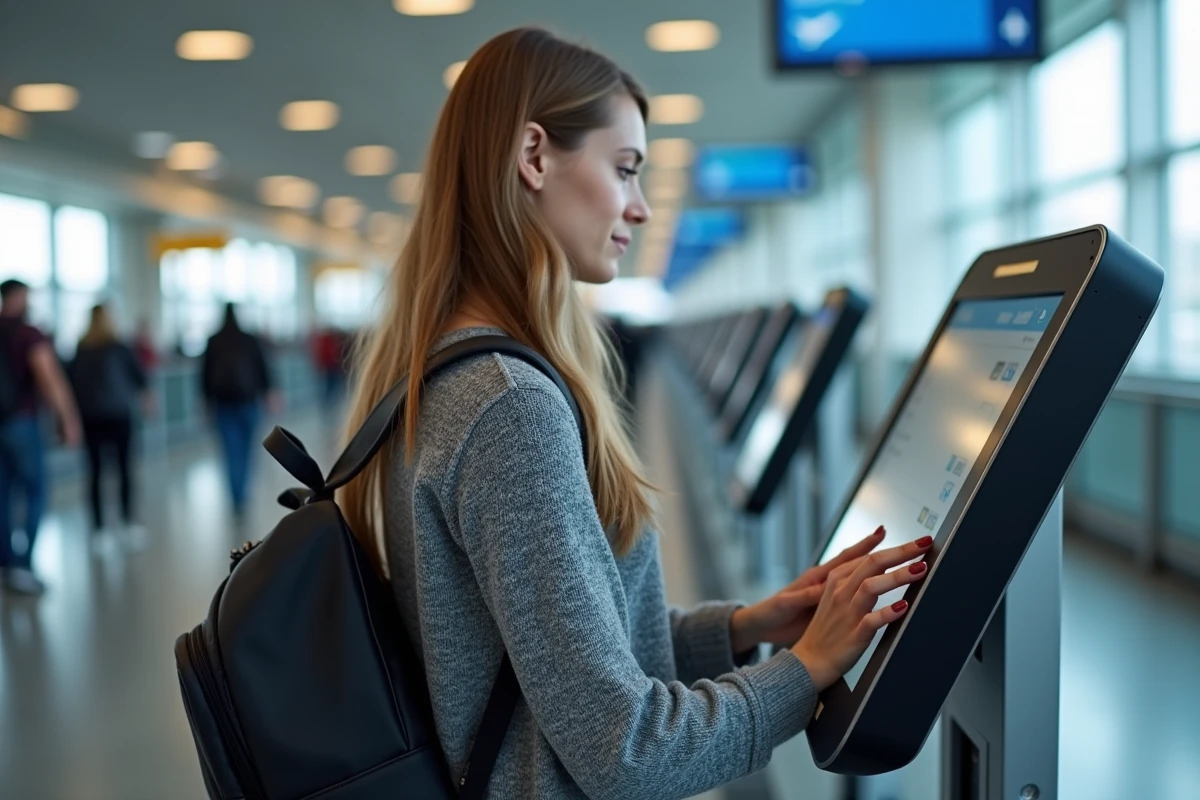 Jeune femme vérifiant son enregistrement de vol sur une borne libre-service à l'aéroport