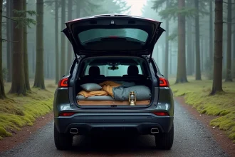 Break aménagé pour dormir dedans avec couchage installé dans le coffre ouvert, garé dans une clairière forestière brumeuse