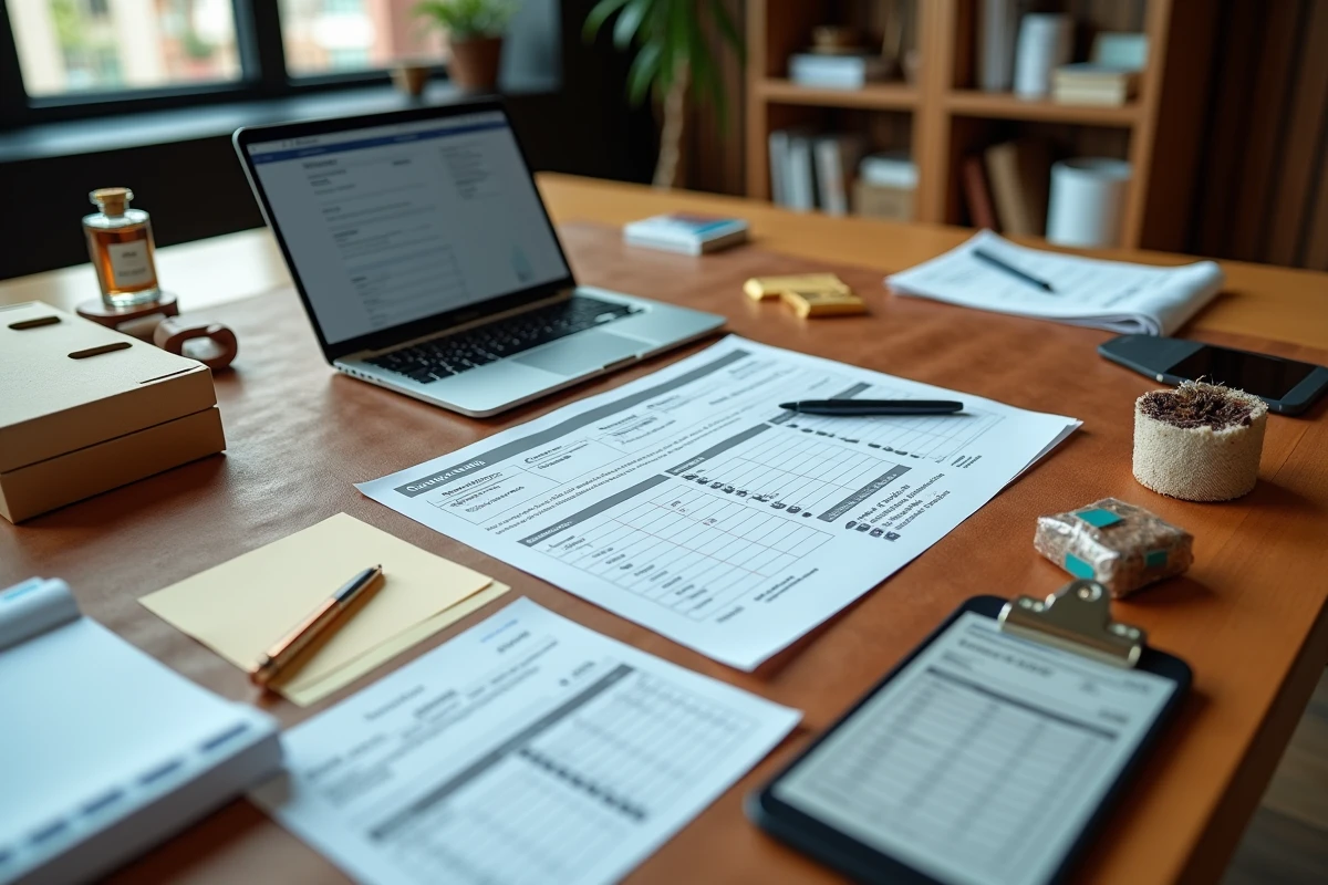 Bureau professionnel avec documents de déclaration douanière, échantillons de produits et formulaires d'importation