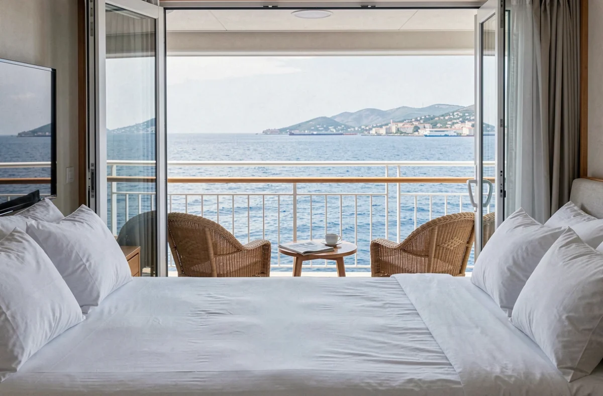 Cabine de luxe avec balcon privé sur un paquebot en croisière tour du monde avec vue sur l'océan