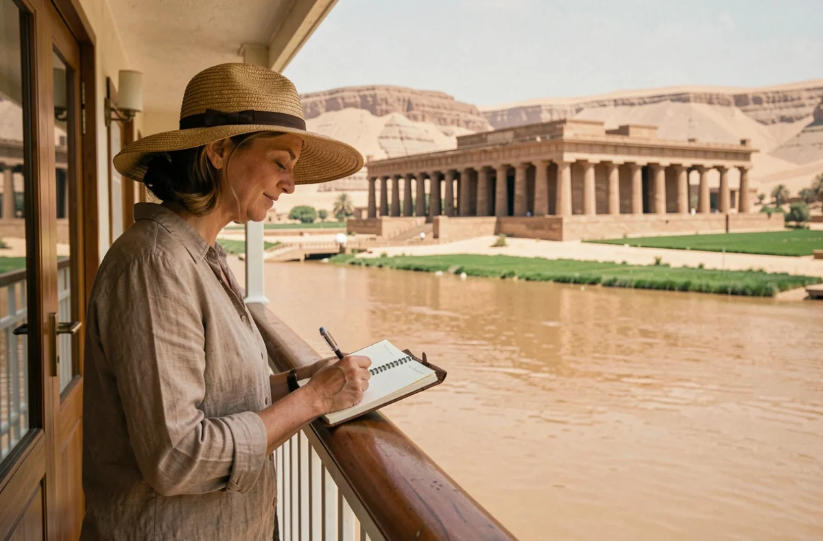 Voyageuse solitaire sur le balcon de sa cabine de croisière contemplant le temple de Louxor depuis le Nil