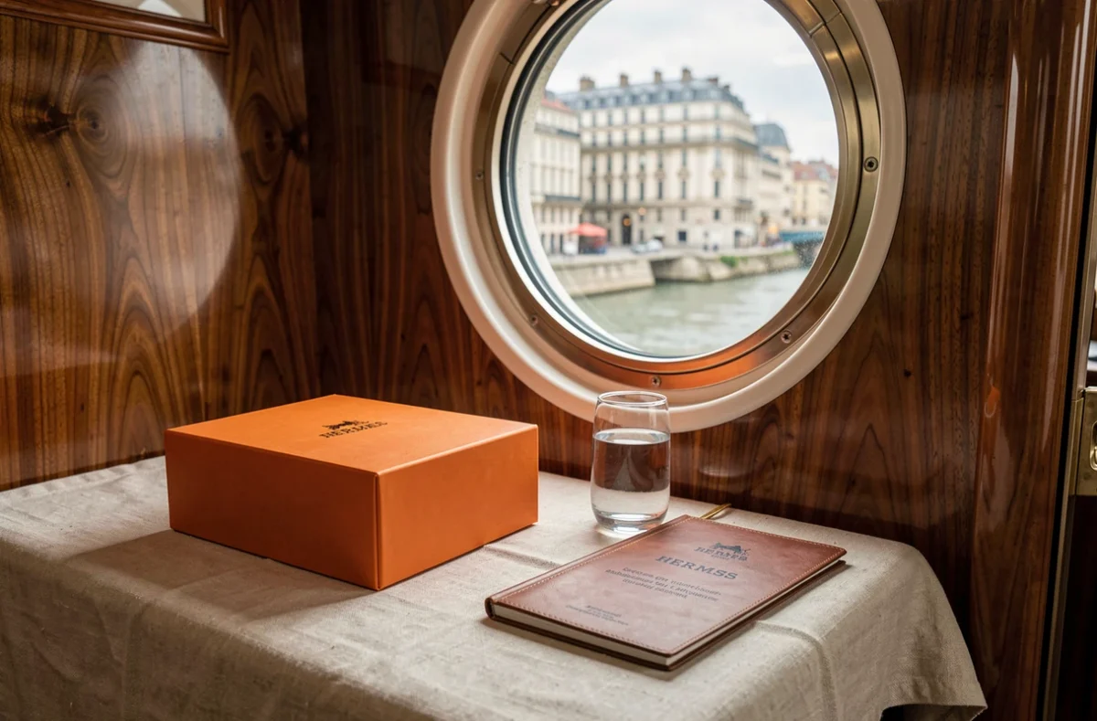 Cabine de croisière luxueuse avec boîte Hermès orange sur une table en bois de noyer avec vue sur le quartier de la Presqu'île de Lyon par le hublot