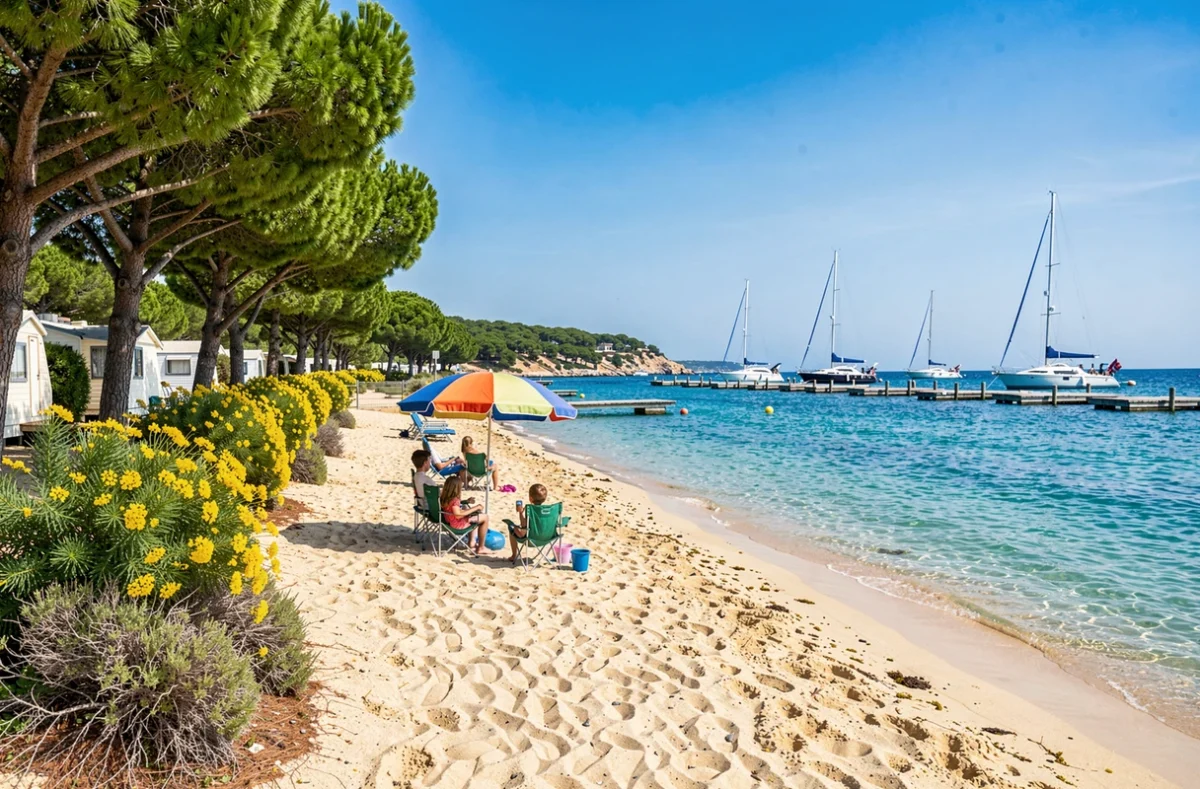 Famille profitant de l'accès direct à la plage au Camp du Domaine à Bormes-les-Mimosas avec eau turquoise et mimosas