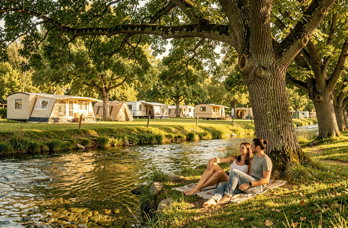 Deux femmes se reposant sous les arbres au camping Aux Rives du Soleil en bord de rivière dans l'Ain