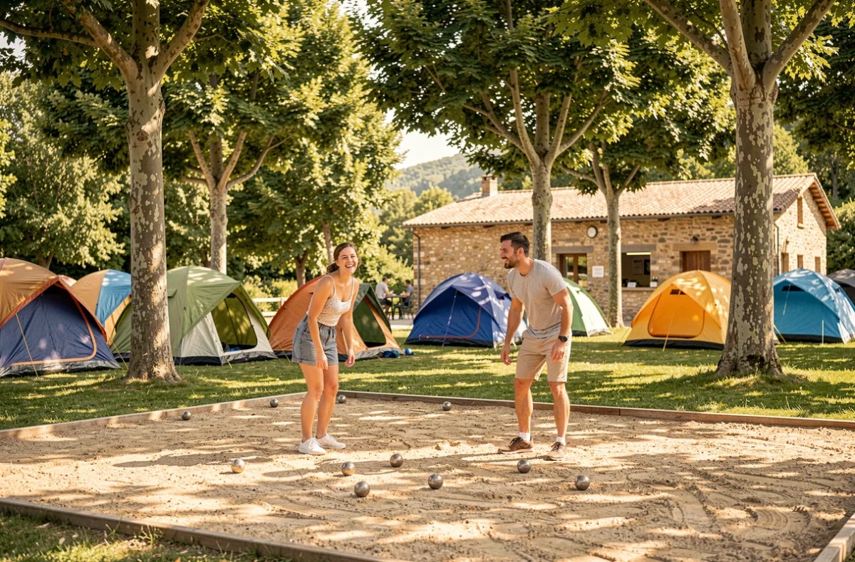 Couple jouant à la pétanque sous les platanes au camping Champ d'Été dans l'Ain
