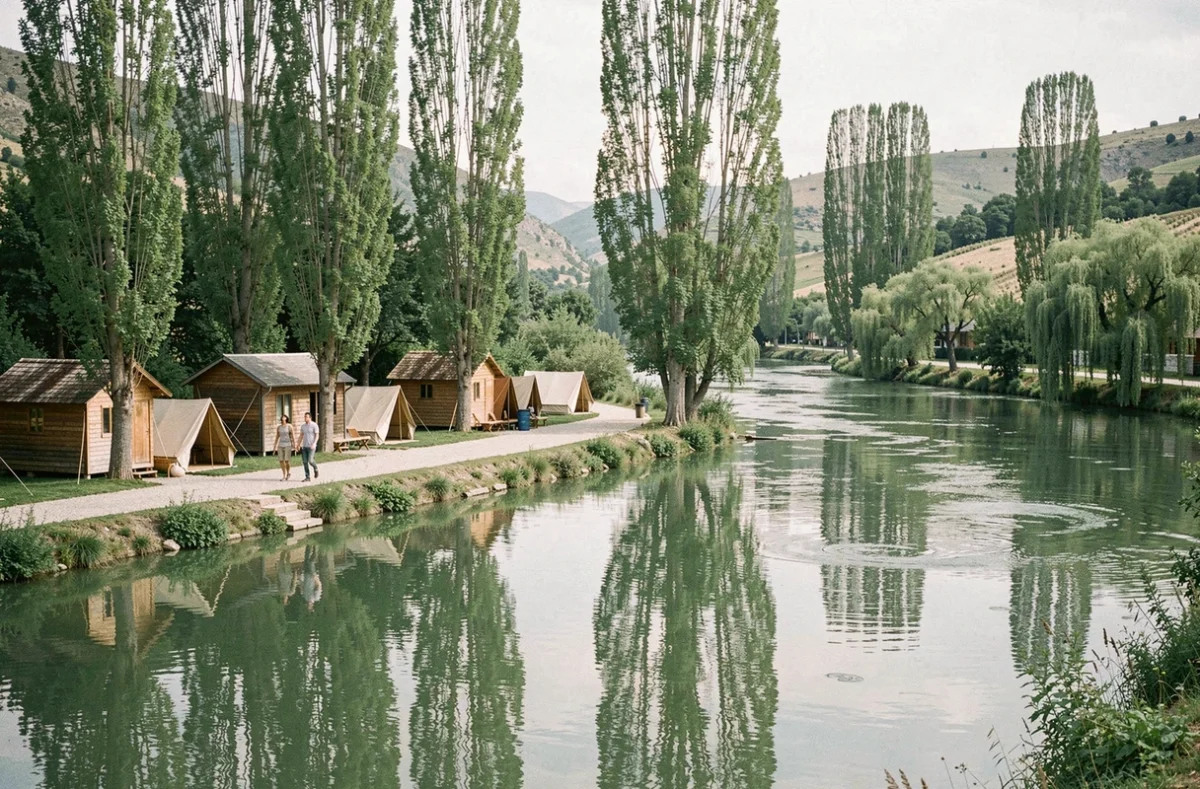 Vue du camping L'Île de la Comtesse entouré d'eau avec tentes et bungalows sous les arbres dans l'Ain