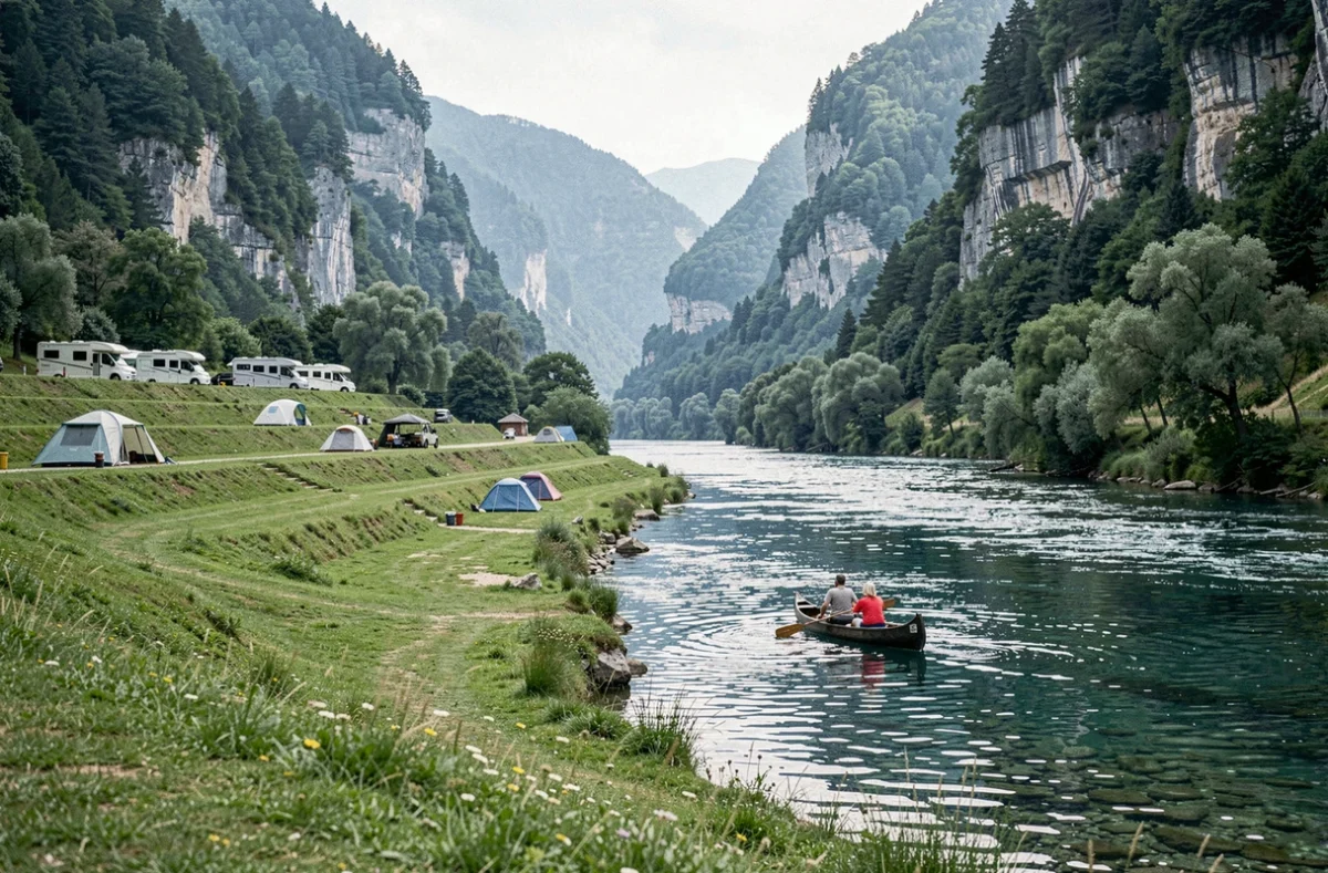 Vue de la vallée de l'Ain avec camping en terrasses et couple en canoë sur la rivière