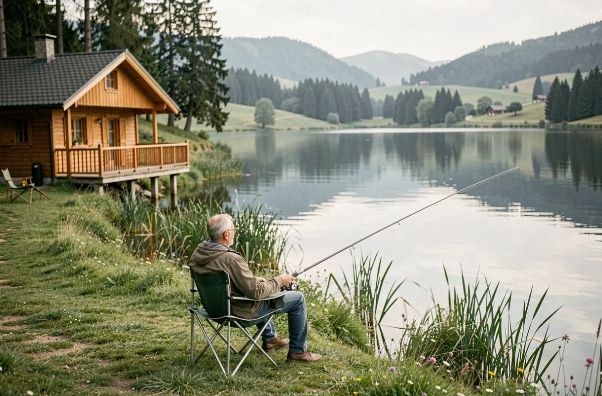 Homme pêchant au bord du lac au camping du Lac du Lit du Roi dans l'Ain