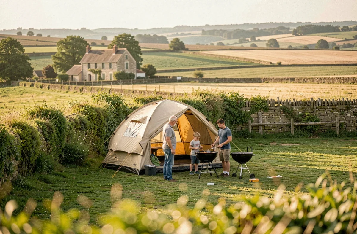 Famille préparant un barbecue sur un emplacement herbeux au camping Le Vaugrais dans l'Ain avec ferme bressane en arrière-plan