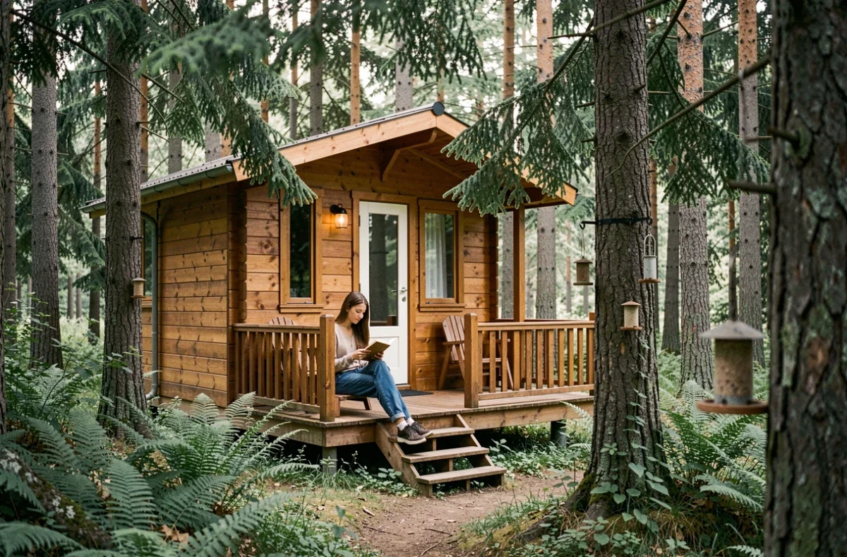 Bungalow en bois dans la forêt au camping Nid du Parc dans l'Ain avec femme lisant sur les marches