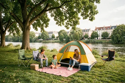 Famille installant une tente dans un camping verdoyant du Val-de-Marne au bord d'une rivière calme