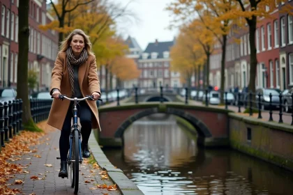 Femme à vélo traversant un pont en pierre sur un canal d'Amsterdam dans le quartier du Jordaan en automne