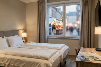 Chambre confortable à l'Etap Hôtel de Strasbourg Gare avec vue sur les lumières du marché de Noël