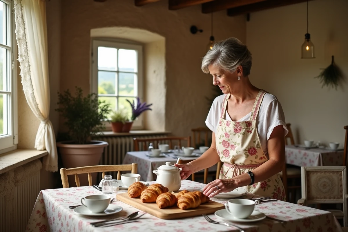 Propriétaire d'une chambre d'hôte provençale disposant un petit-déjeuner fait maison dans une salle à manger rustique