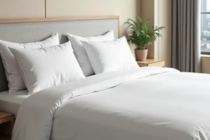 Grande chambre d'hôtel avec un lit king size en draps blancs bien faits et tête de lit rembourrée grise