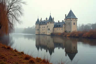 Vue panoramique du château de Chaumont-sur-Loire depuis les rives de la Loire en automne, reflets dans l'eau calme