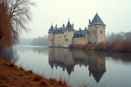 Vue panoramique du château de Chaumont-sur-Loire depuis les rives de la Loire en automne, reflets dans l'eau calme