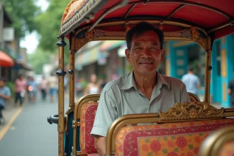 Chauffeur de tuk tuk souriant appuyé contre son véhicule coloré dans une rue animée de Phuket en Thaïlande