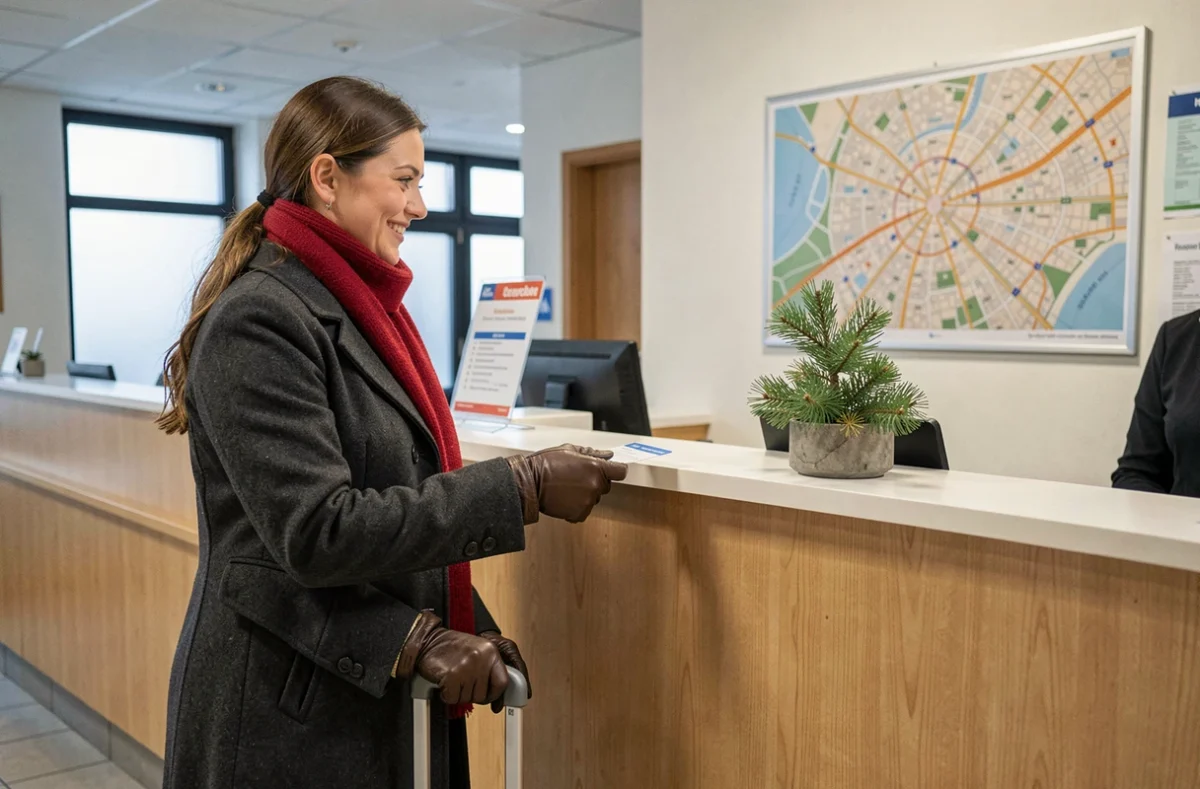 Voyageuse enregistrant son arrivée à la réception d'un hôtel économique près de la gare de Strasbourg pour le marché de Noël