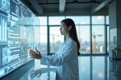 Chercheuse dans un laboratoire futuriste entourée d'écrans de données symbolisant l'avenir technologique et scientifique