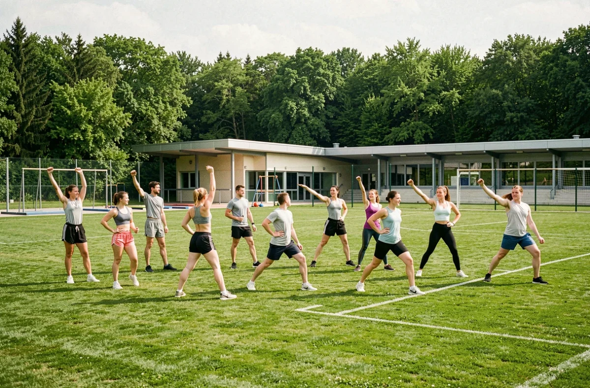 Groupe de jeunes sportifs s'échauffant sur le terrain du Club Gymnique de France à Villecresnes