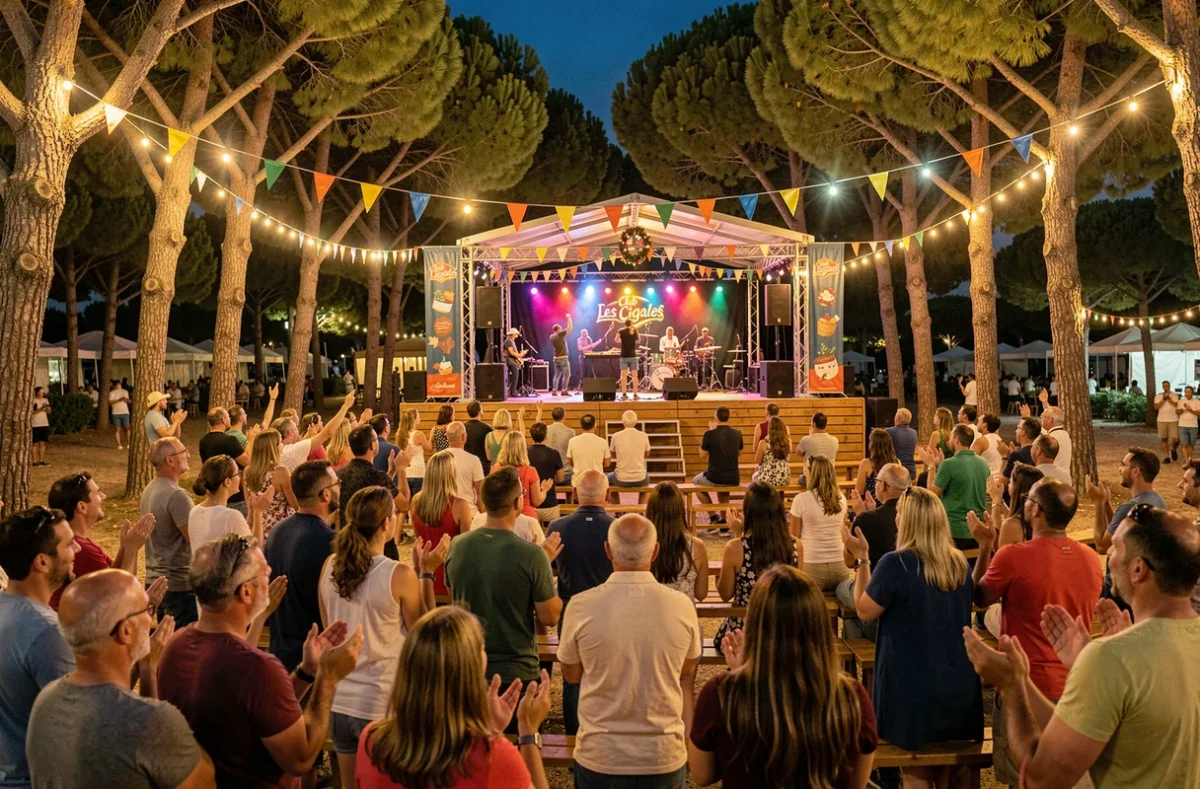 Animation en soirée avec spectacle vivant et familles enthousiastes sous les pins au Club Les Cigales au Muy