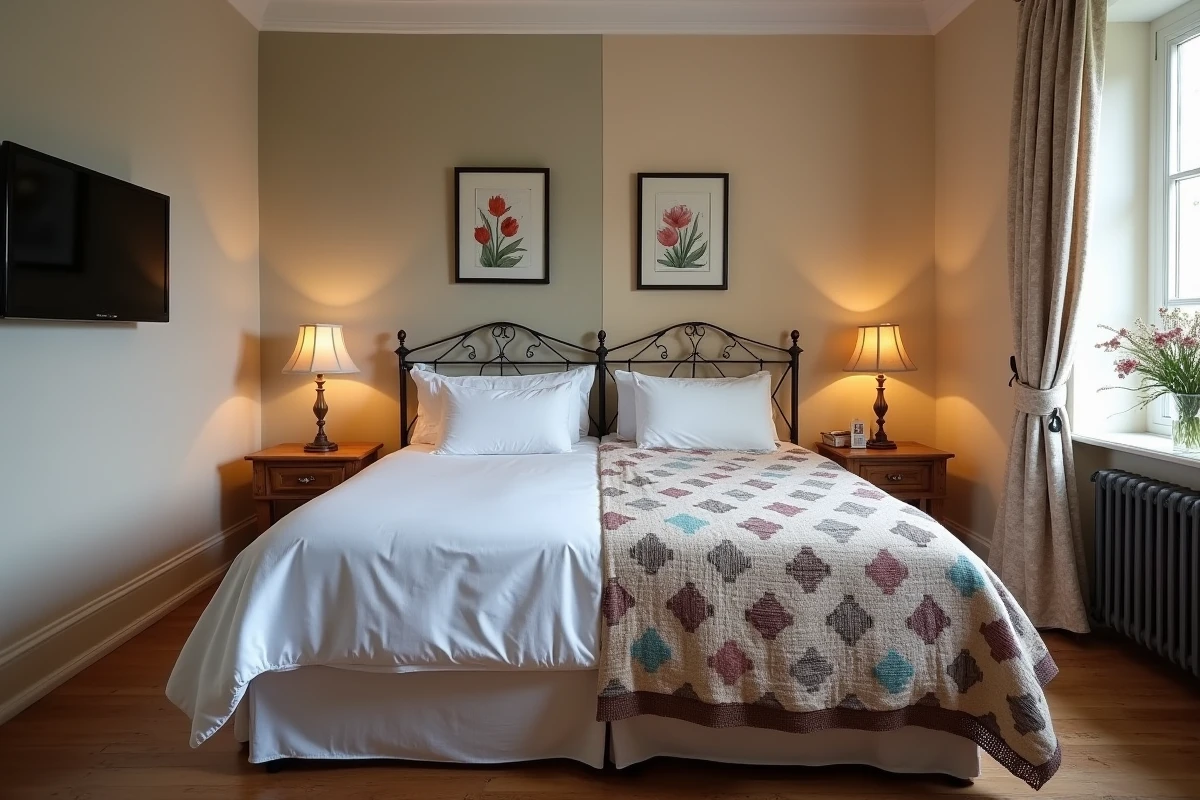 Comparaison visuelle entre une chambre d'hôtel standardisée et une chambre d'hôte chaleureuse et personnalisée