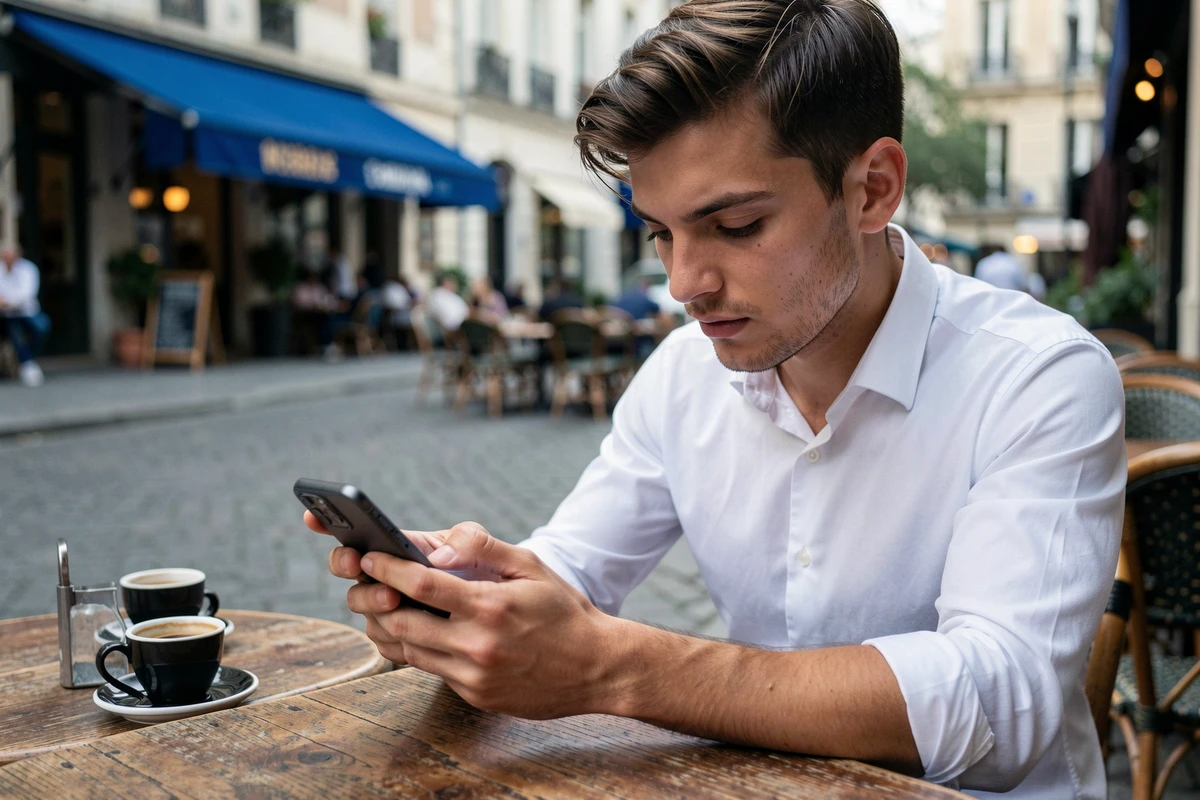 Jeune homme composant le code téléphonique international 39 pour appeler l'Italie depuis une terrasse de café en ville