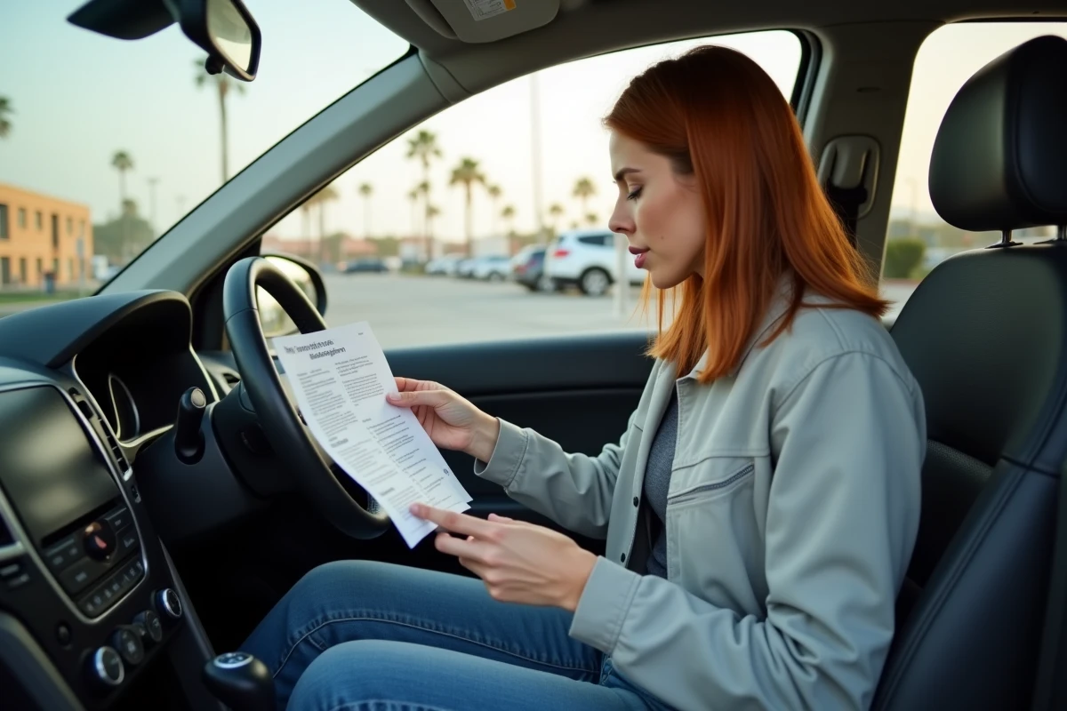 Femme assise dans une voiture de location américaine consultant les règles de conduite aux États-Unis