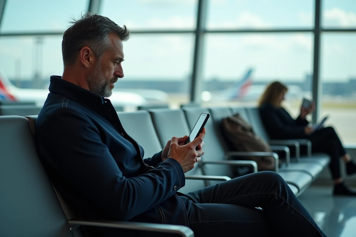 Homme consultant sa confirmation de vol sur smartphone dans un salon d'aéroport