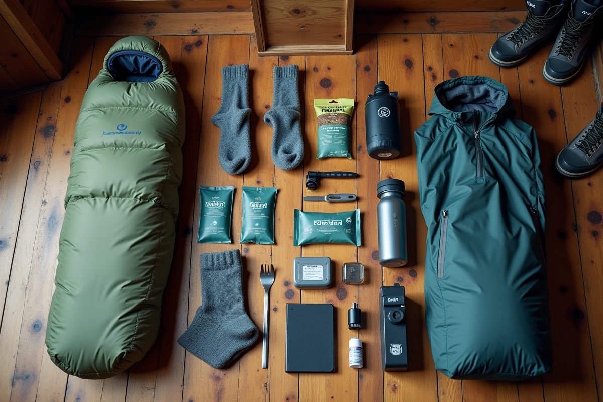 Vue aérienne du contenu d'un sac à dos de randonnée de 3 jours étalé sur le plancher d'un refuge alpin