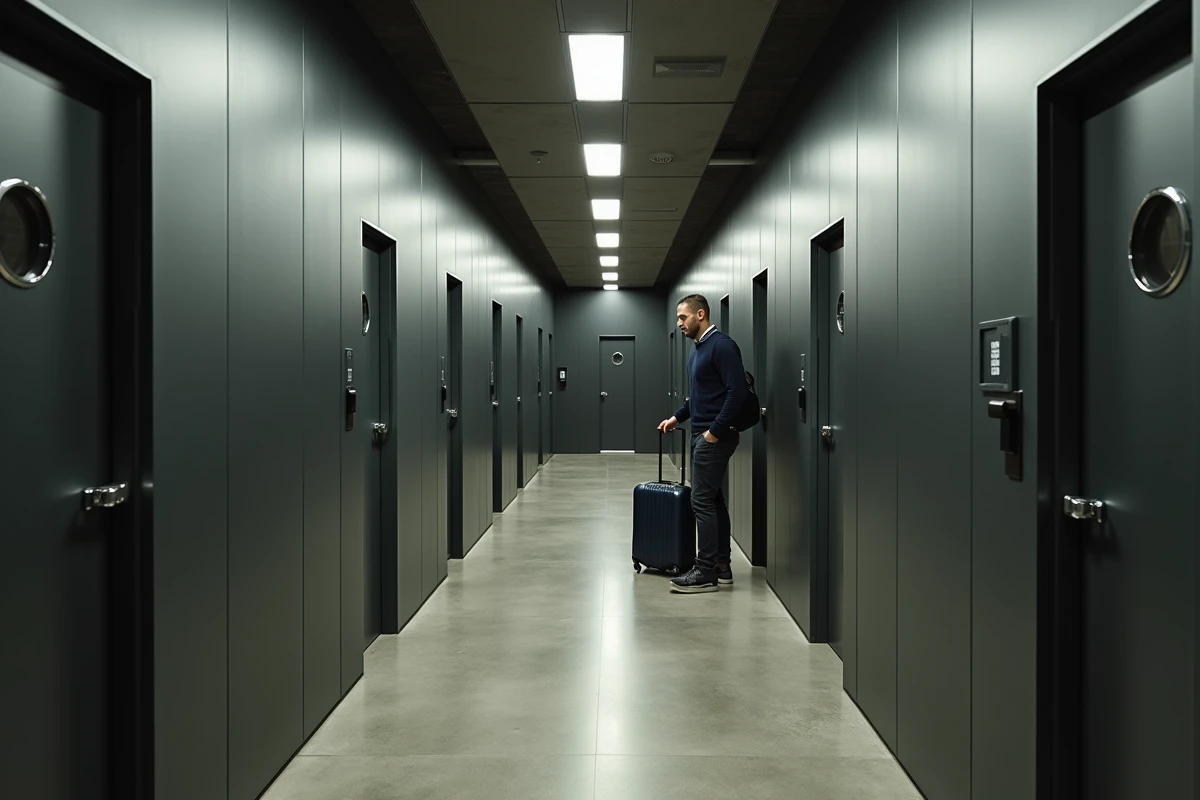 Couloir d'un hôtel capsule européen moderne avec rangées de pods équipés de portes en bois avec hublot et serrure à code numérique